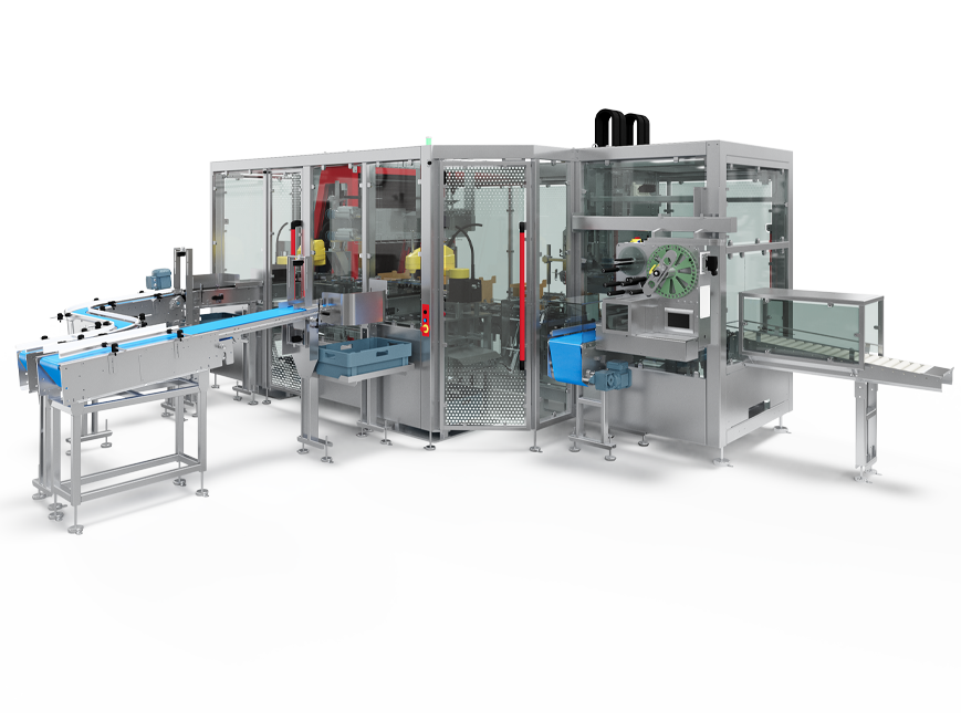Wrap around case packer for trays with ledge view2